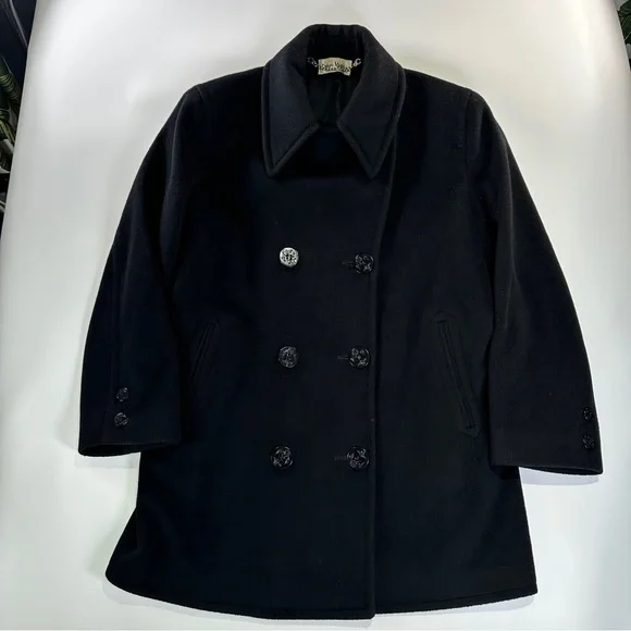 John Weitz Peacoat Wool Blend Nautical Black Vintage USA Large - Picture 2 of 13